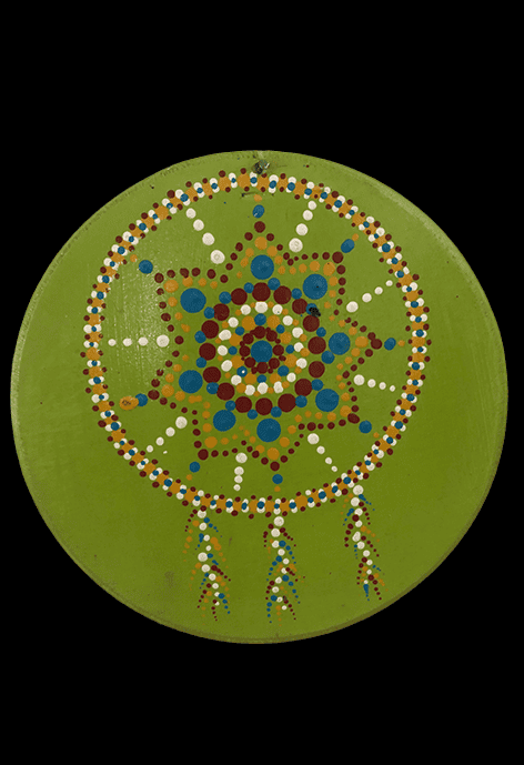 Circular artwork with a green background featuring a dotted mandala-like pattern in white, blue, orange, and brown.