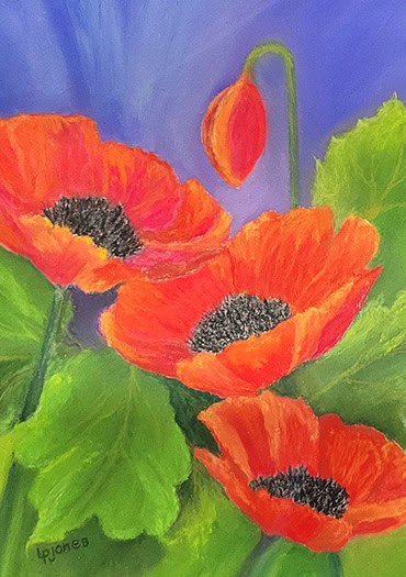A vibrant painting of four blooming orange-red poppies with dark centers, surrounded by lush green leaves. One flower bud hangs above the others on a gently curved stem, all set against a rich violet background.