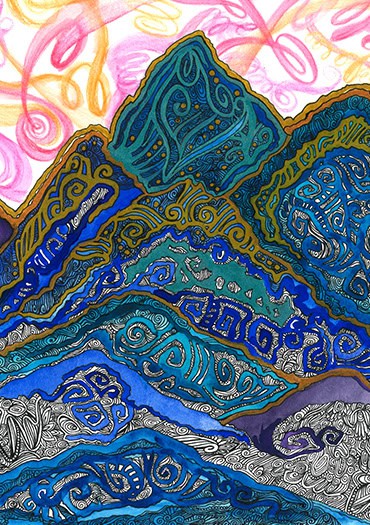 An abstract mountain landscape composed of layered peaks in vivid blues, greens, and golds, filled with intricate swirling patterns. The sky above glows with warm pink, orange, and yellow tones, with circular, ribbon-like shapes adding movement and energy.