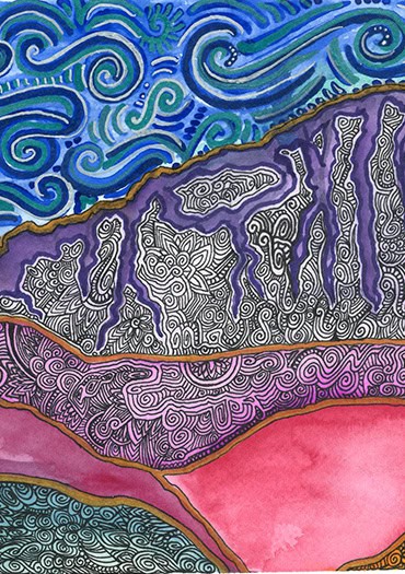 An abstract watercolor landscape featuring bold, layered hills in shades of green, red, and pink, topped by a jagged mountain ridge rendered in intricate black-and-white swirling patterns. Above the mountains, a dynamic sky swirls with blues and purples in curling, wave-like forms.