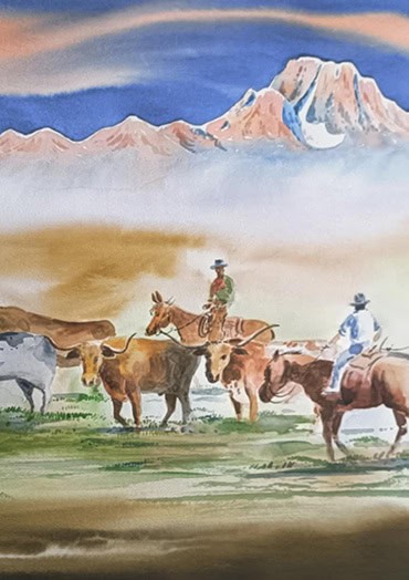 A watercolor painting of cowboys on horseback herding cattle across a grassy plain. A misty haze softens the middle ground, with distant pink and purple mountains rising under a soft orange and blue sky.