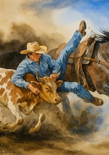 A dramatic watercolor action scene of a rodeo steer wrestler leaping from a galloping horse to grab a steer by the horns. The rider’s dynamic pose and the dust cloud add intensity to the moment.