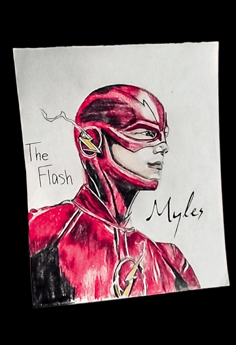 Colored pencil illustration of The Flash, signed “Myles,” featuring bold red tones, lightning details, and comic-style highlights. The character is drawn in a strong side profile.