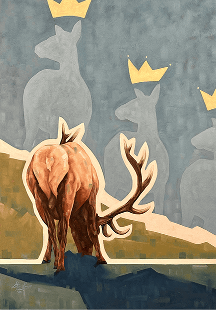 A geometric-style painting of a bull elk with its back turned, standing before a dreamlike blue background filled with shadowy deer figures wearing golden crowns.
