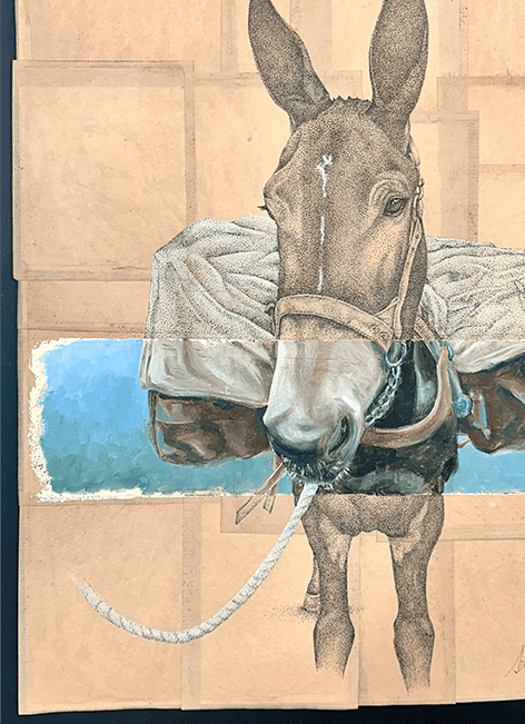 Detailed mixed-media artwork of a pack mule carrying gear, set against a background of brown paper tones and a horizontal turquoise landscape band cutting through the middle.