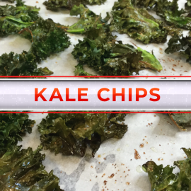 baked kale chips on cookie sheet with text "kale chips"