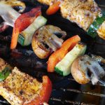 skewers with grilled mushrooms, peppers, and meat