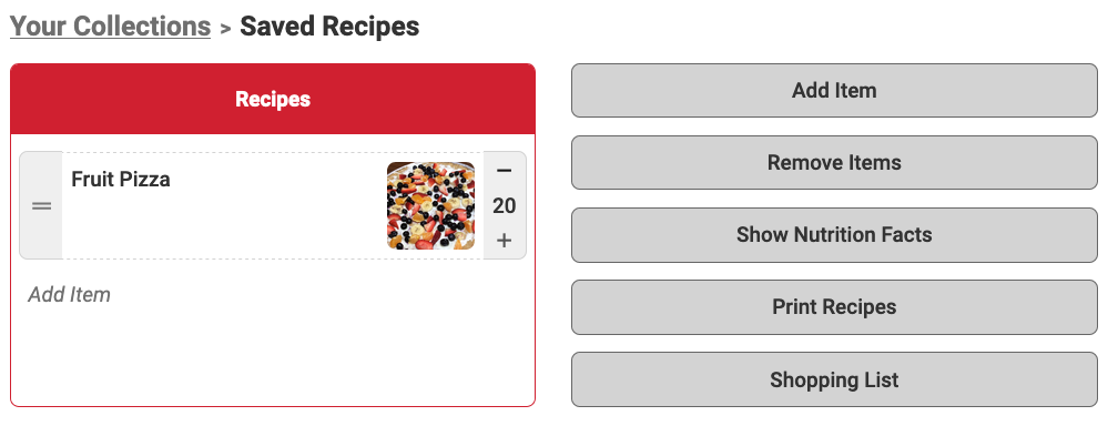 screenshot of adding recipes to page