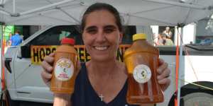 Horse Creek Honey co-owner Lara Taylor displays homemade spicy honey mustard and locally produced honey, which is available at the Downtown Laramie Farmers Market and The Butcher Block in Laramie.