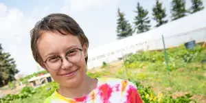 20210813TCB_3008 Academics, College of Agriculture and Natural Resources, Plant Sciences, Campus, ACRES Farm, Concepts, Summer, People, Student Life, Student, Students, Graduate Student Acres Student Farm is a 1.8 acre student run, community-oriented vegetable garden. Casimir Norton (hat, red shirt), Laramie, Madison Wright (black shirt), Agroecology: Rhett Greenwald (black Iron Maiden shirt), Agroecology: Ela Pisorski (tie-dye), alum, St. Paul, Mn