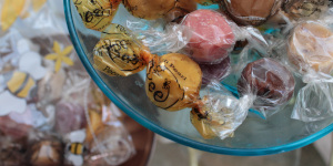Wrapped candies in a candy dish