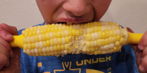 Person eating an ear of corn.