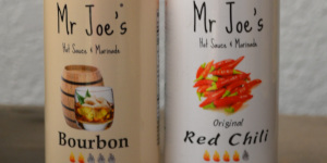 Bottles of Mr. Joe's sauces