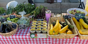 Produce and canned goods on a table.