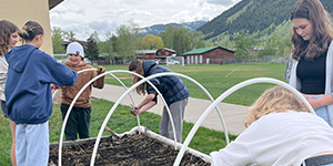 Students working in raised beds