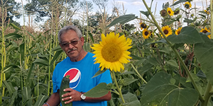Man with large sunflower