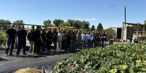 Students by a garden