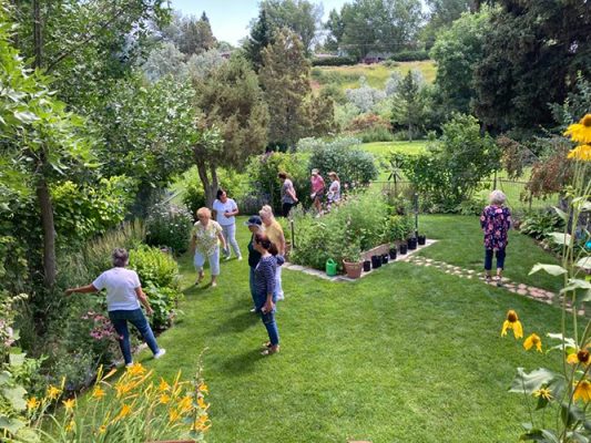 People walking in a garden