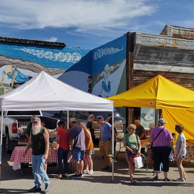 People attending an outdoor farmers market