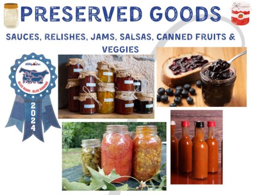 Converse County Fair 2-500h Preserving Goods poster with blue ribbon and pictures of canned vegetables and fruit
