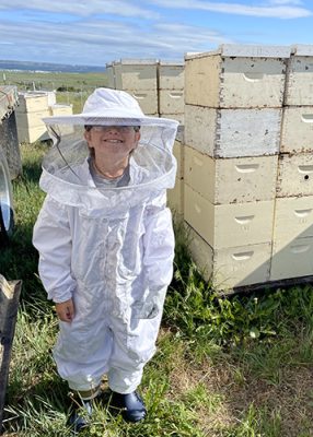 Child in beekeeper costume in front of bee hives.