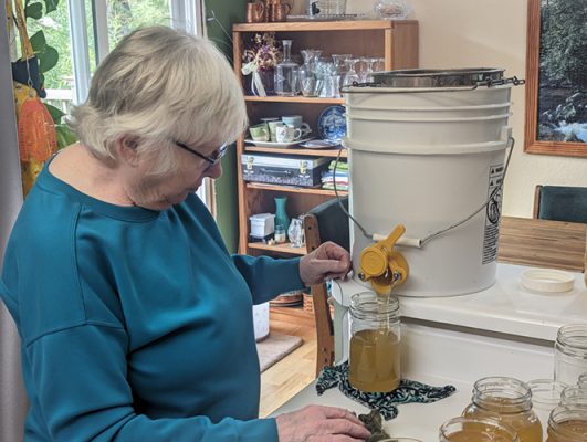 Woman pouring honey in jars