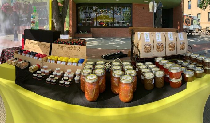 Jars of hot sauces and salsa