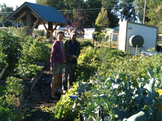 Two people standing in a garden.